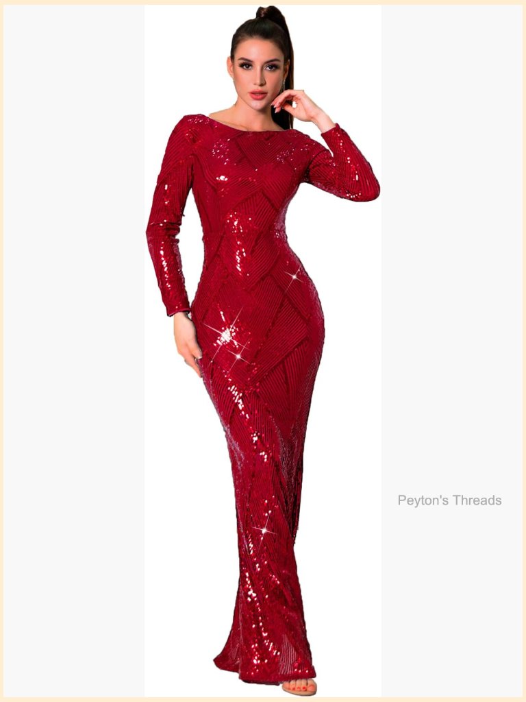 Stretch Sequin Long Sleeve Boat Neck Maxi Formal Dress Bodycon Zipper